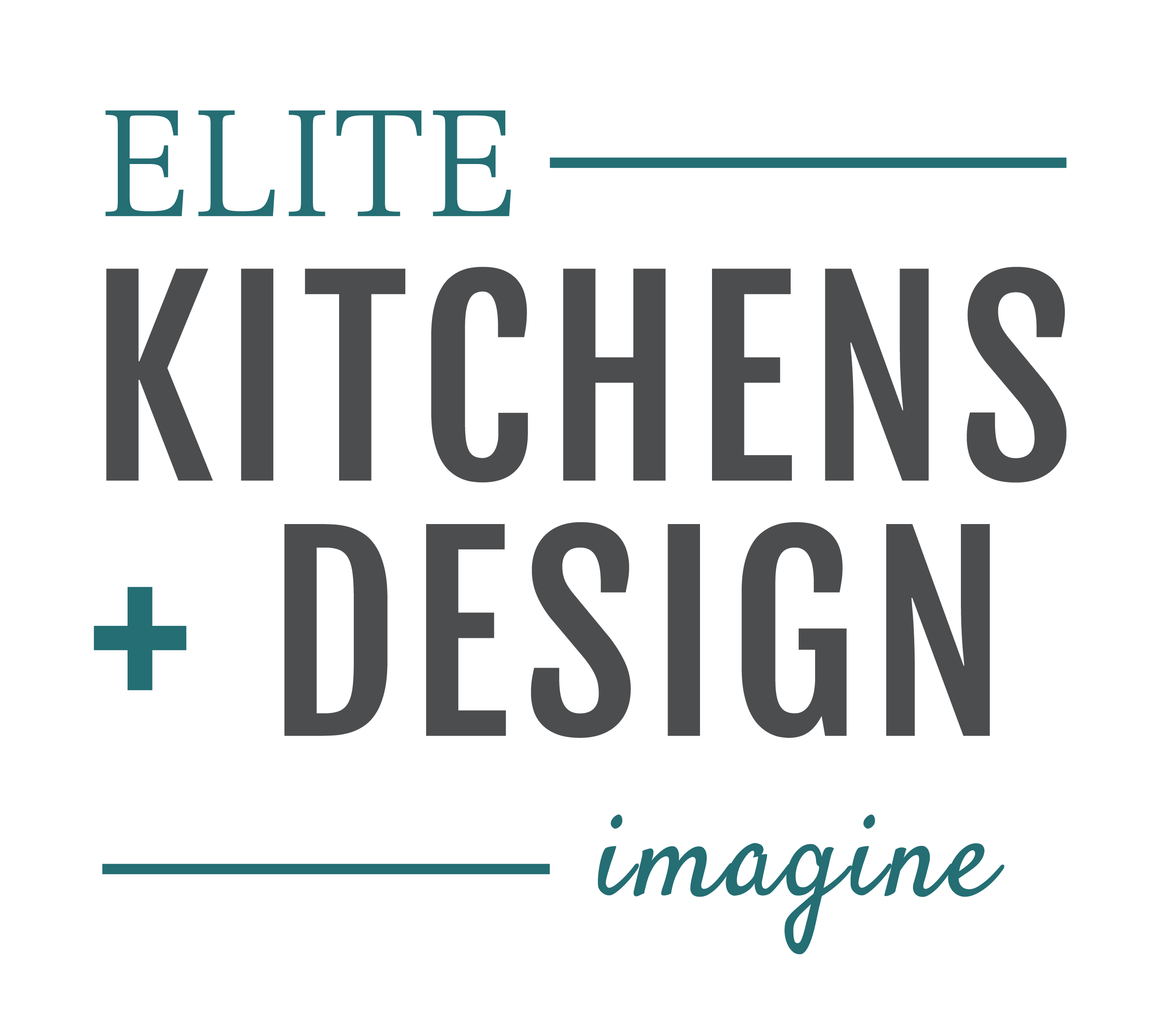 The image is a graphic with text "ELITE KITCHENS + DESIGN imagine" on a solid dark green background, likely a logo for a kitchen design company.