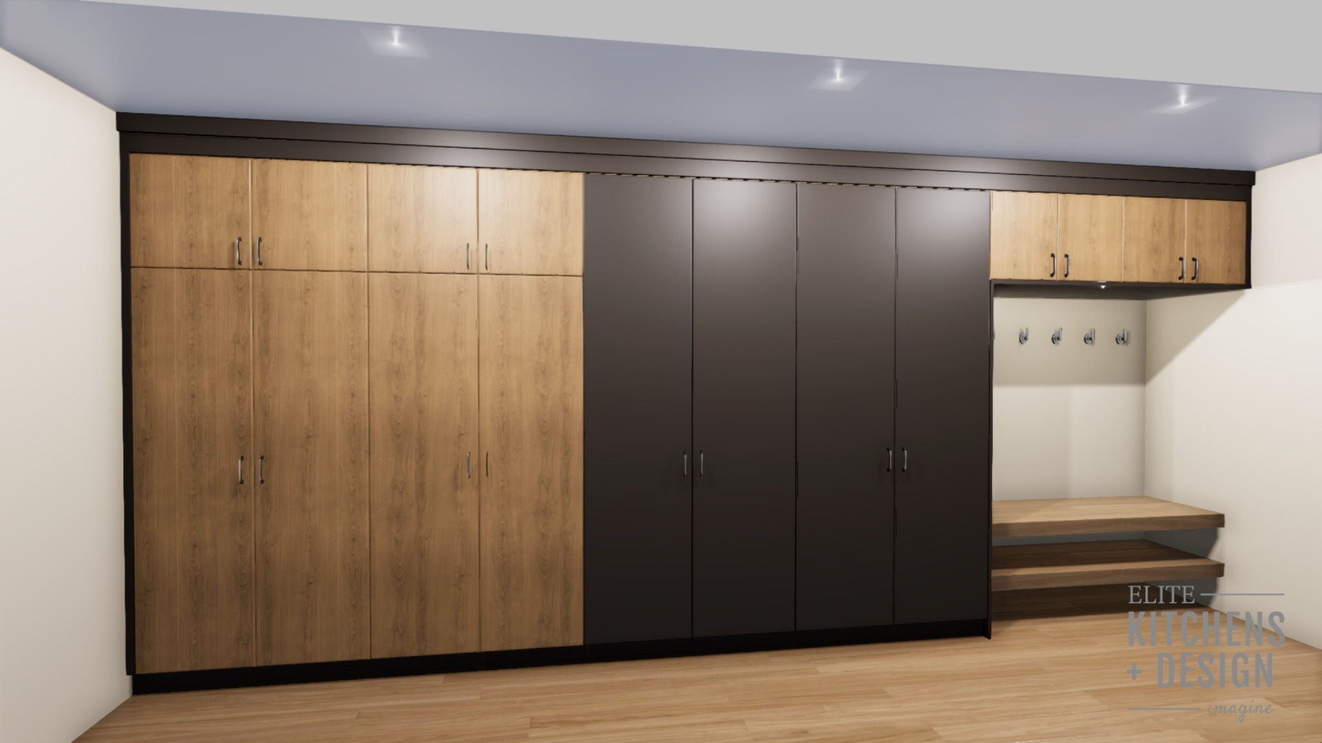 Modern interior design featuring light wooden and dark cabinets, integrated lighting, and bench seating with a built-in coat rack area. Clean and sleek aesthetic.
