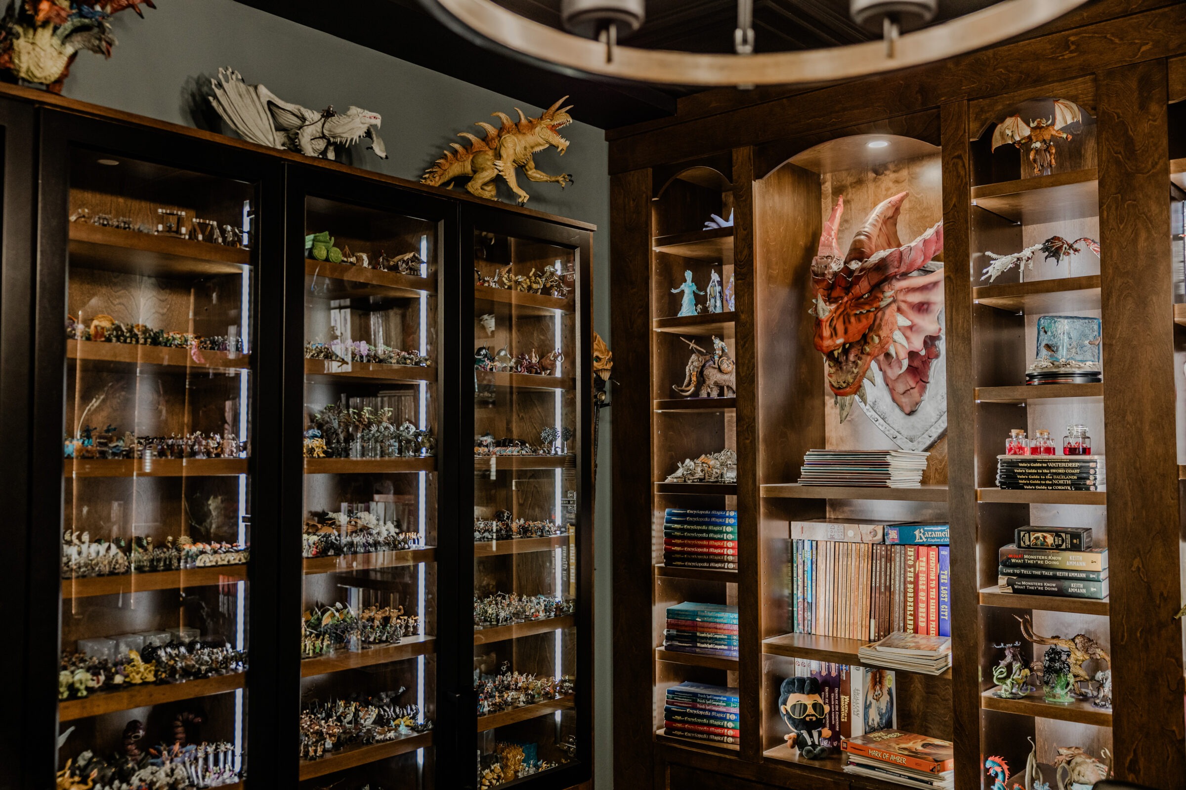 A room with wooden shelves filled with miniature figurines, fantasy-themed books, and larger dragon models perched above. The collection suggests a hobby space.