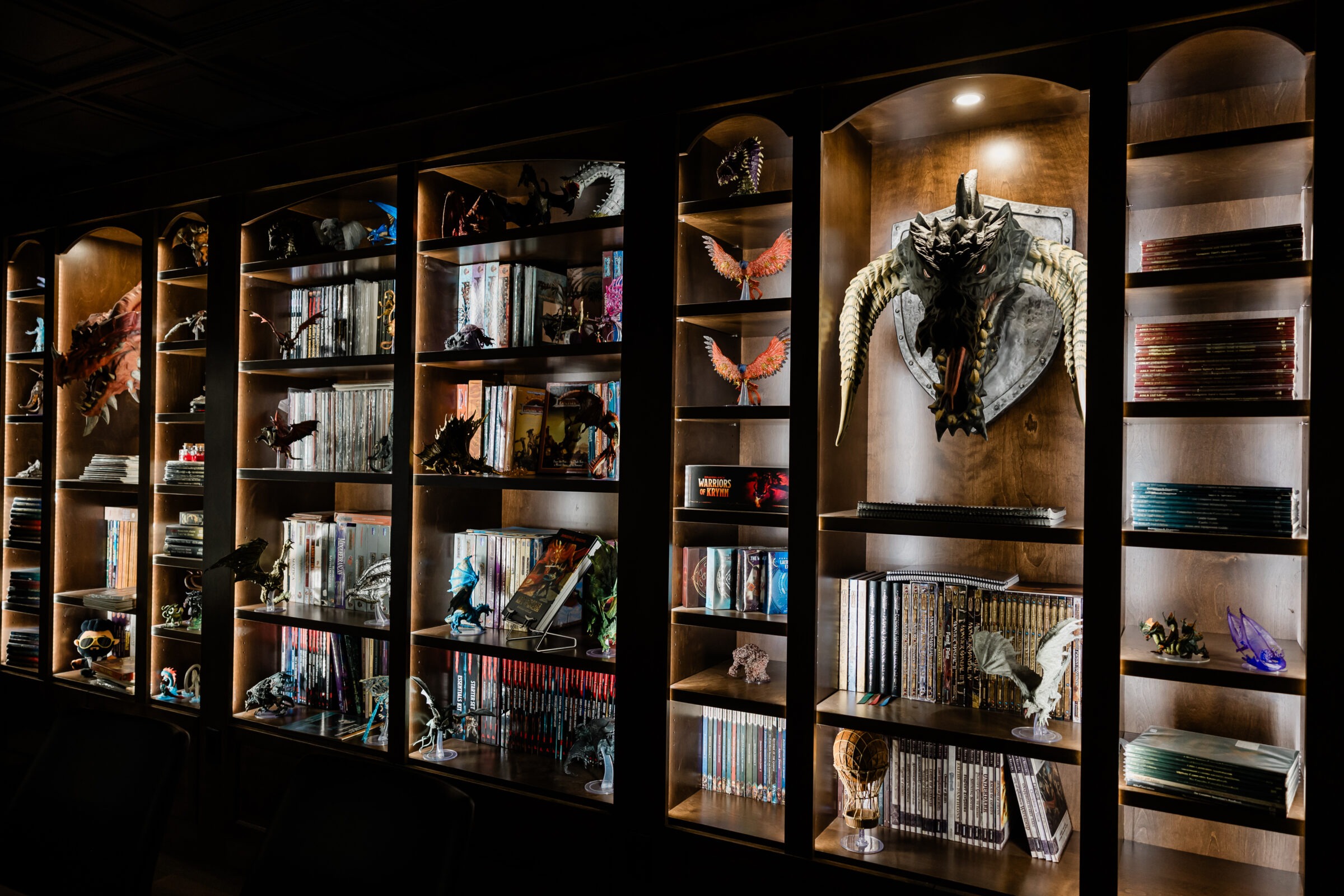 This image features a dimly lit bookshelf with various fantasy-themed collectibles, books, and DVD cases, emphasising a nerdy or geeky aesthetic.