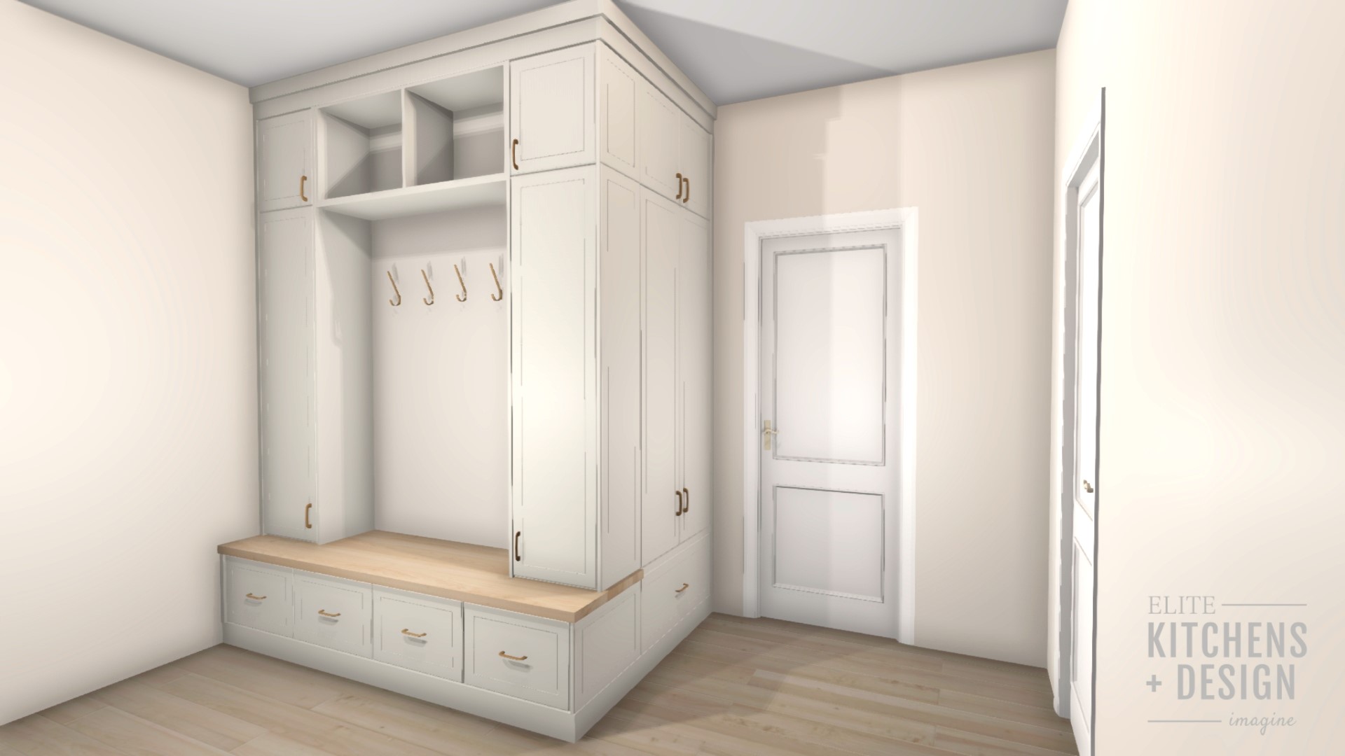 This image shows a clean, modern mudroom interior with built-in white cabinetry, a wooden bench, drawers, coat hooks, and two closed white doors.