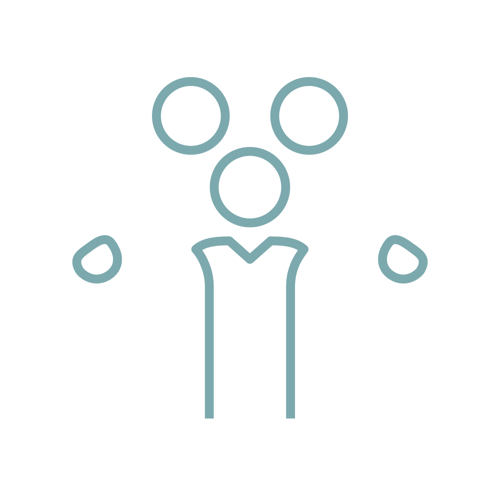 This is a minimalist icon representing a group of five people standing together with one holding a microphone, suggesting a team or discussion panel.