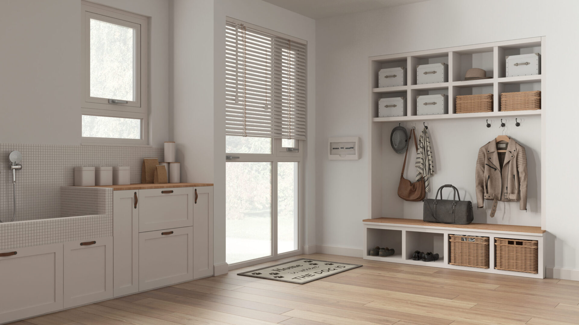 This image shows a bright, organized mudroom with storage cabinets, a bench, coat hooks, a window with blinds, and a "Beware of the Dog" doormat.