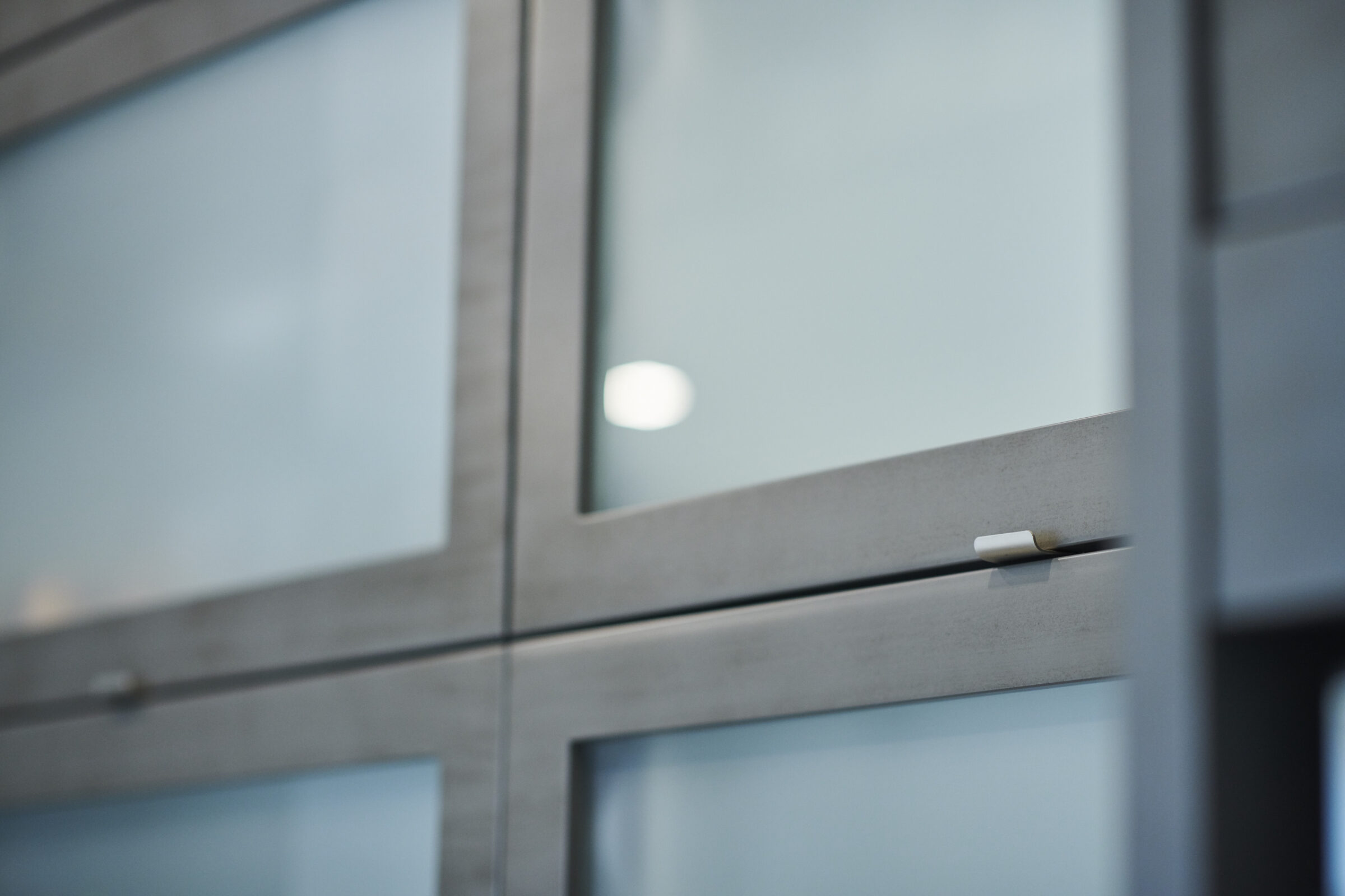 This image shows a close-up of a modern, frosted glass door with a metal frame and a sleek, metallic handle on the side.