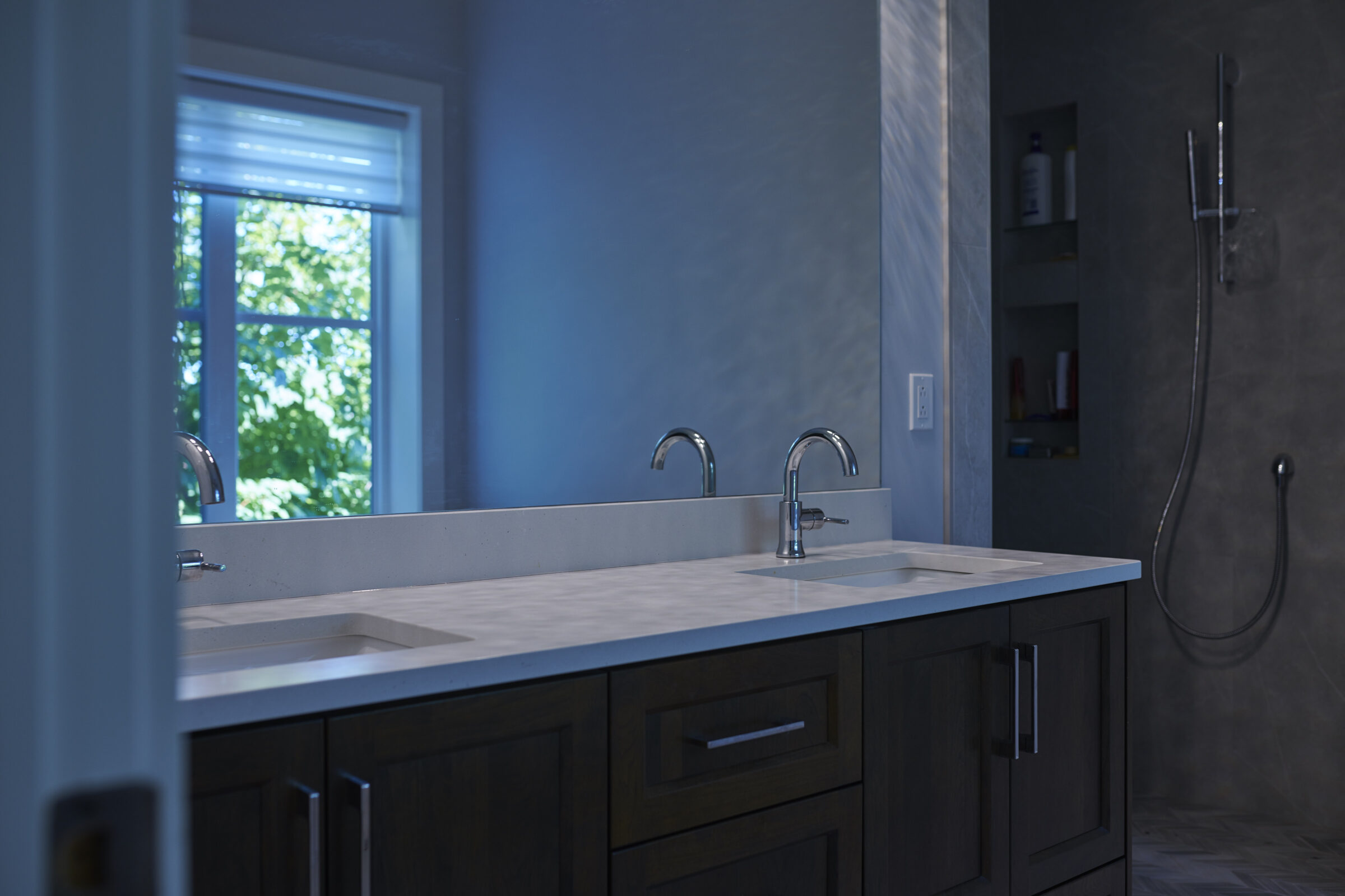 This is a modern bathroom featuring a double sink vanity with dark cabinets, a large mirror, and a walk-in shower with visible toiletries. Trees are visible outside the window.