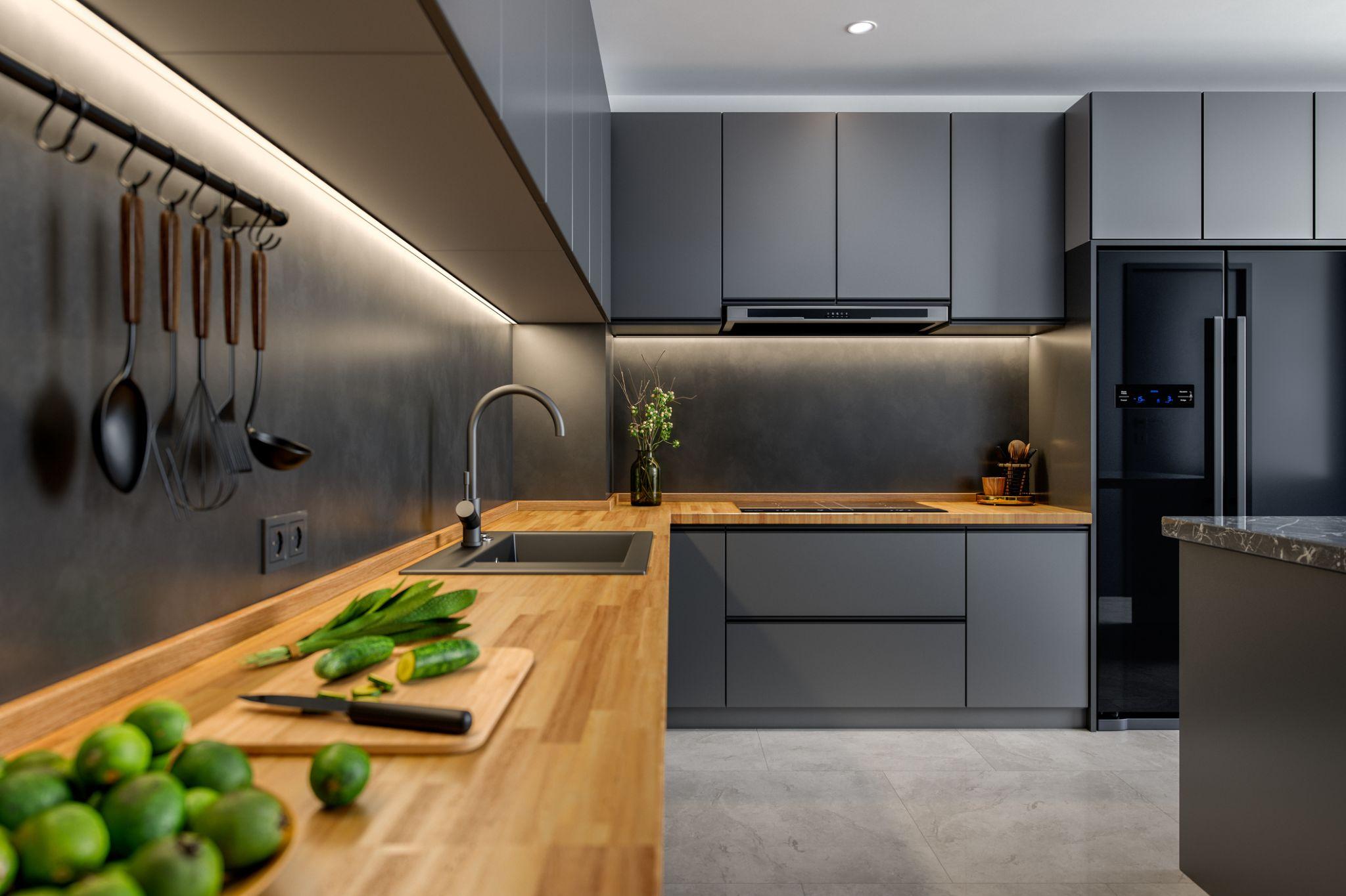 Matte gray slab kitchen with wood butcher block countertop and under-cabinet lighting